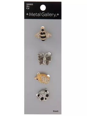 New Metal Gallery Bee, Butterfly, Hedgehog & Panda Brooch Set - Gold, Black, Sil